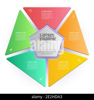 Pentagon-Infografik. Das Dreiecksdiagramm ist in 5 Teile unterteilt. Geschäftsstrategie, Zeitplan für die Projektentwicklung oder Schulungsphasen. Flaches Design. Stock Vektor