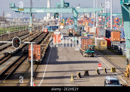 Rotterdam, Niederlande - 2021-01-13: Verladung von Containern in einem Zug am RSC Rail Terminal in Rotterdam Stockfoto