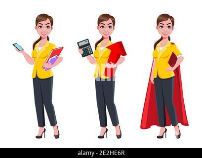 Junge schöne Geschäftsfrau, Satz von drei Posen. Nette Geschäftsfrau Cartoon-Figur in flachen Stil hält Smartphone, hält Taschenrechner und tragen Stock Vektor