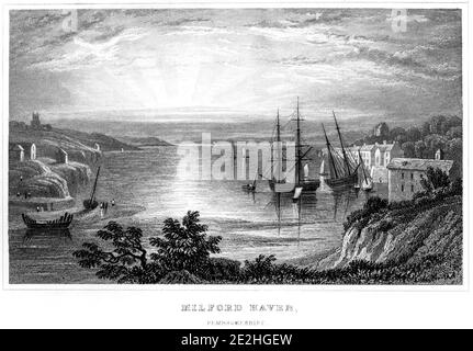 Ein Stich von Milford Haven, Pembrokeshire, gescannt in hoher Auflösung von einem Buch im Jahr 1854 veröffentlicht. Für urheberrechtlich frei gehalten. Stockfoto