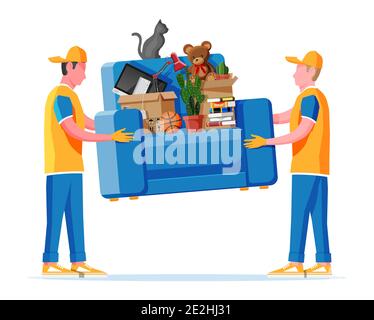 Liefercharakter Mann Movers tragen Sessel mit Haushaltsgegenständen. Träger tragen Couch isoliert. Umzugsfirma mit Ladern und Möbeln. Delivery Relocation Service. Flache Vektorgrafik Stock Vektor