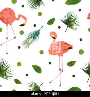 Nahtloses Muster mit tropischem Blatt und rosa Flamingo. Schöne rosa Vogel und Palmblätter auf weißem Hintergrund. Vektorgrafik. Stock Vektor