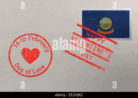 Briefmarkenumschlag mit Idaho US Flagge und Valentinstag Briefmarken, Vektor Stock Vektor