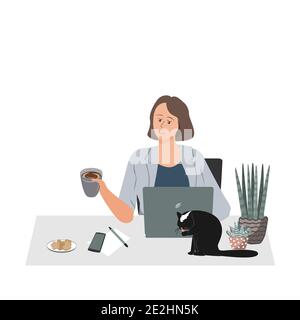 Glückliche Frau, die zu Hause am Schreibtisch mit einem Laptop arbeitet. Gemütliche und komfortable Atmosphäre mit einer Katze, Pflanzen und Tee. Vektordarstellung eines Unternehmens Stock Vektor