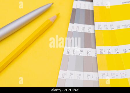 Farbpalette mit Farbe des Jahres 2021 - leuchtendes Gelb und neutrales Grau, Layout, Farbschablone Stockfoto