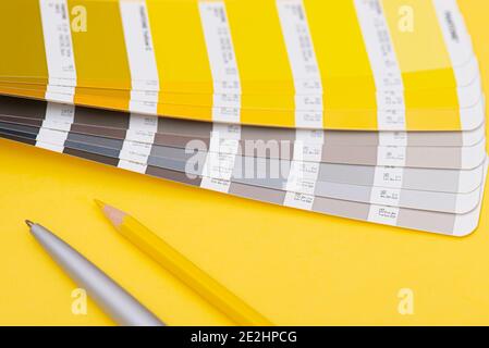 Farbpalette mit Farbe des Jahres 2021 - leuchtendes Gelb und neutrales Grau, Layout, Farbschablone Stockfoto