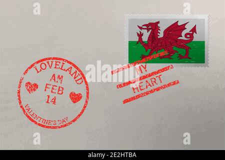 Briefmarkenumschlag mit walisischer Flagge und Valentinstagsmarken, Vektor Stock Vektor