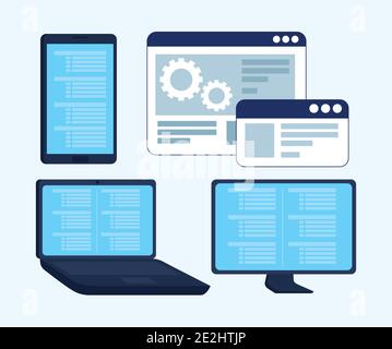 Elektronische Geräte mit Programmiersprache und Webseiten-Vorlagen Stock Vektor