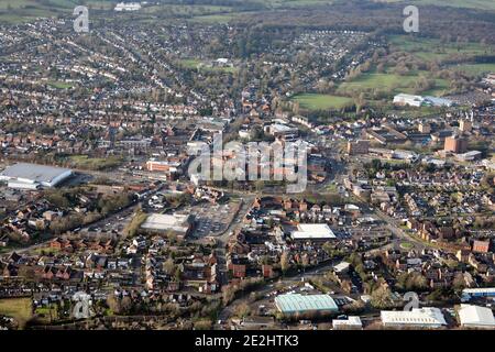 Luftaufnahme des Cannock Stadtzentrums mit Morrisons Superstore im Vordergrund und Cannock Shopping Centre weiter hinten Staffordshire, UK Stockfoto