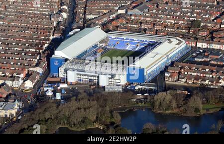 Luftaufnahme des Fußballstadions des Everton FC Goodison Park in Liverpool