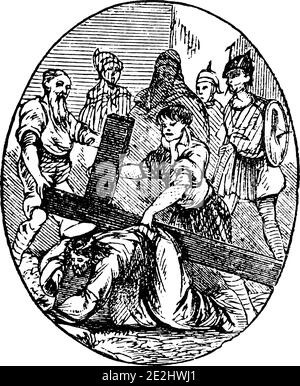 3., 7. Oder 3. Oder 7. Station des Kreuzes oder Kreuzweg oder Via Crucis. Jesus fällt zum ersten Mal.Bibel, Neues Testament. Antike Vintage biblische religiöse Gravur oder Zeichnung. Stock Vektor