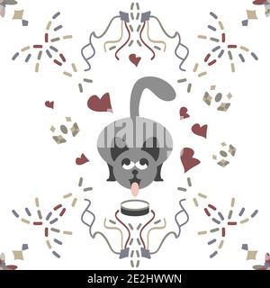 Nahtloses Muster. Graue Katze trinkt Milch. Lustig und niedlich. Illustration Vektor weiß und Farben. Stock Vektor