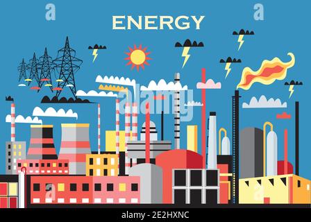 Schöne Landschaft mit Ölwerken und Stromtürmen. Beispiel für verschiedene Arten von Kraftwerken und Fabriken. Stock Vektor