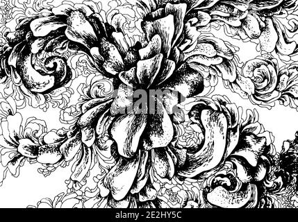 Schwarze Tinte Blume Ornament. Blüten verziert Mode Hintergrund drucken. Abstrakte blühende botanische Grafik. Blumenelement monochrome Vektor-Illustration Stock Vektor