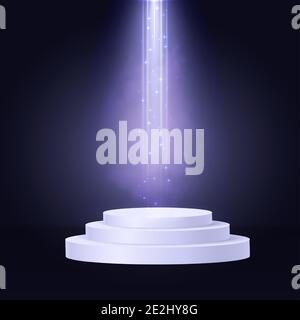 Zylinder Podestszene, Siegerpodest. Weiße Zylinderschablone für Showroom Podium Szene mit Spotlight. Helle Beleuchtung mit violetten Scheinwerfern der Bühne auf transparentem Hintergrund Stock Vektor