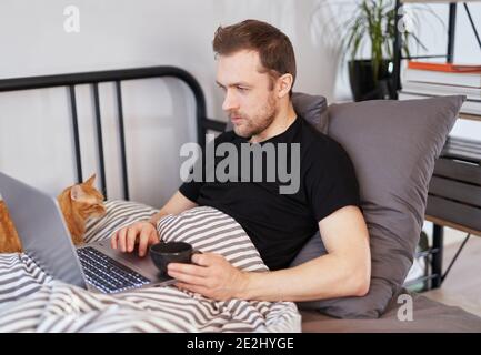 Junger bärtiger Mann, der auf einem Laptop arbeitet und unter einer Decke mit einer Ingwerkatze daneben auf einem Bett liegt. Arbeiten zu Hause, Online-Studium oder Shopping-Konzept Stockfoto