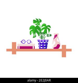 Bücherregale mit Lieblingsbüchern, Büroanlage, Vase und Brillen. Regal Buch in der Zimmerbibliothek isoliert, Lesebuch für zu Hause. Vector moderne flache int Stock Vektor