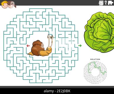 Cartoon Illustration von pädagogischen Labyrinth Puzzle-Spiel für Kinder mit Lustige Schnecke und Salat Stock Vektor