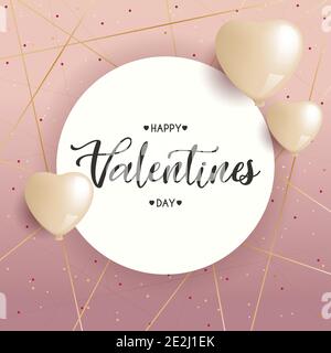Valentinstag Grußkarte mit geometrischem Hintergrund, gplden Ballons. Happy Valentines Tag Text auf der Karte, Vektor-Illustration Stock Vektor