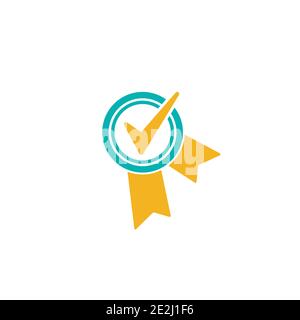 Gültiges Siegel-Symbol. Blauer Kreis mit Band und Goldtick. Sticker-Symbol für „flach OK“. Isoliert auf Weiß. Schaltfläche Akzeptieren. Vektorgrafik. Qualität Version Stock Vektor