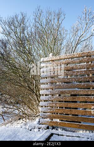 Winterbild eines Baumes und eines Holzzauns im Garten. Bild aus dem Landkreis Scania, Schweden Stockfoto