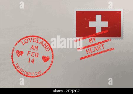 Briefmarkenumschlag mit Schweizer Flagge und Valentinstag Briefmarken, Vektor Stock Vektor
