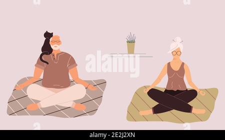 Ältere lustige Frau und Mann in Yoga Lotus Position, Meditation, Achtsamkeit Praxis, spirituelle Disziplin zu Hause oder Gym.Cute alte Dame und männlich Stock Vektor
