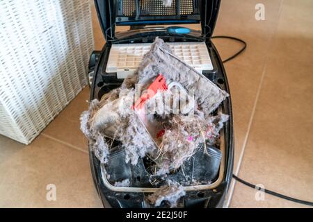 Explodierter staubbeutel des staubsaugers, der viel Schmutz erzeugt. Stockfoto