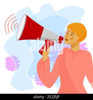 Megaphon. Frau mit Lautsprecher oder Bullhorn. Vektorgrafik im flachen Stil. Stock Vektor