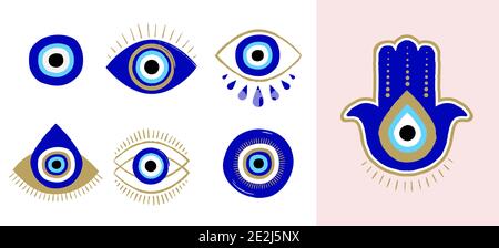 Böse Augen oder türkische Auge Symbole und Symbole gesetzt. Modernes Amulett-Design und Wohndekor-Idee Stock Vektor