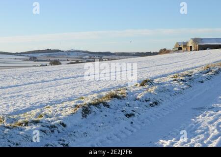 Schnee bedeckt Felder rund um St Andrews, Schottland, 8. Januar 2021 Stockfoto