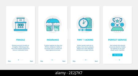 Lieferdienst, Transport Timing Vektor Illustration. UX, UI Onboarding mobile App Seite Bildschirm mit Linie Frachtversicherung, Lieferung von fragilen Waren, Zeitmanagement, Tracking-Bestellungen Symbole Stock Vektor