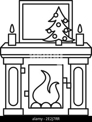 Line Art schwarz und weiß Weihnachten dekoriert Kamin. Gemütliche warme Heizung. Weihnachten Thema Vektor Illustration für Poster, Label, Geschenkkarte, Färbung b Stock Vektor