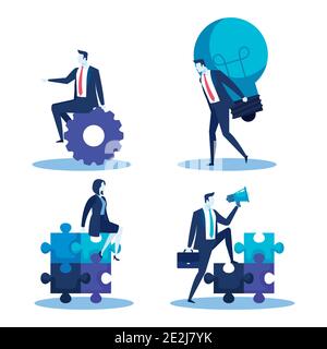 Elegante Geschäftsleute mit Glühbirne und Puzzleteile Stock Vektor