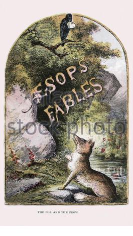 Der Fuchs und die Krähe, eine von Aesops Fabeln, Vintage Illustration von 1866 Stockfoto