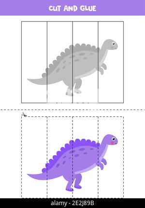 Schneiden und kleben Spiel für Kinder. Niedlicher Dinosaurier Spinosaurus. Schneidpraxis für Vorschulkinder. Lernarbeitsblatt für Kinder. Stock Vektor