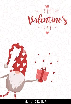 Happy Valentine Tageskarte mit niedlichen nordischen Gnome in roten Hut mit Geschenk. Frohe Weihnachten. Vektorgrafik im Cartoon-Stil. Skandinavischer Jahrgang Stock Vektor