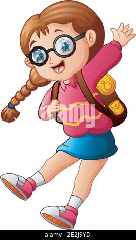 Vektor-Illustration von Cute Schule Mädchen Cartoon in Brille springen Stock Vektor