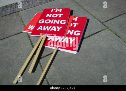 Anti-Brexit-Protestschilder vor dem Parlamentsgebäude "Ich gehe nicht weg" Westminster, London, Großbritannien. Stockfoto