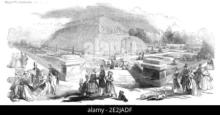 Das große Chatsworth Conservatory - das Äußere, von der italienischen Terrasse, 1844. Blick auf das riesige Gewächshaus im Chatsworth House in Derbyshire. "Das Gebäude selbst enthält ein Acre Boden, und ist, im Plan, der Form eines "Trefoil", ganz aus Glas, angeordnet in der "Grat-und-Furche"-Plan ... das ganze des Entwurfs, Arrangements, Und die Verwaltung dieses herrlichen Pfahls erfolgt unter der Leitung von [Joseph] Paxton, dem Obergärtner seiner Gnade, dem Herzog von Devonshire...'. Paxton ging auf das Design des Crystal Palace im Hyde Park. Aus "Illustrated London Stockfoto