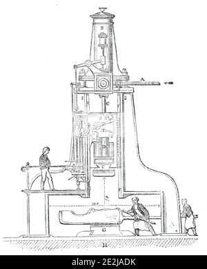Nasmyth's Patent Dampfhammer, 1844. Diagramm der Maschine '...novel, die gerade auf dem Royal Dock-Yard, Devonport [in Devon], zum Zweck der Schmiede in der schnellsten und perfektesten Art und Weise alle Beschreibungen der großen Schmiedeeisen-Arbeit für den Marinedienst erforderlich. Die Maschine ist Mr. James Nasmyth's Patent Direct-Action Steam Hammer, mit dem keine Masse von Schmiedeeisen, wie groß, ist über den Kompass seiner Kräfte; Während so ist seine Bewirtschaftbarkeit, dass in einem Moment kann es heizen über den Paddelschaft eines 500-Pferd marine Motor, wie so viel Ton; oder, Stockfoto