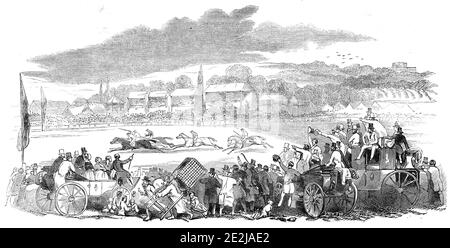 Leserennen, 1844. Pferderennen in Berkshire, AT: 'Die schöne Rennstrecke in den "King's Meadows"...auf der einen Seite durch das Kennet und die Themse begrenzt, auf der anderen durch die Eisenbahn. Es präsentiert sich in einem breiten und geräumigen Ebene ... Es gab, wie üblich, viele Jongleure, und Zigeuner und Tumblers, aber kein Glücksspiel jeglicher Art ". Aus "Illustrated London News", 1844, Vol Stockfoto