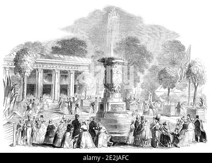 Grand Fete am Mount Edgecumbe - der Basar und die italienischen Gärten, 1844. Veranstaltung im Mount Edgcumbe House in Cornwall, "in Aid of the Funds of the Devon and Cornwall Female Orphan Asylum, and of the South Devon and East Cornwall Hospital". Diese Ansicht zeigt Besucher außerhalb der Orangerie. Aus "Illustrated London News", 1844, Vol Stockfoto