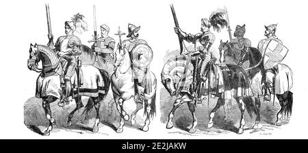 Lord Mayor's Show - alte Ritter, 1844. Prozession während der jährlichen öffentlichen Parade zur Feier der Einweihung des Oberbürgermeisters der Stadt London. "Die Stahlanzüge sind echte Anzüge und wurden in der Geschichte unseres Landes von großen Männern getragen. Die erste gehörte ursprünglich Sir Henry Lee, Meister des Pferdes im Jahre 1570, und ist ein feines Exemplar einer starken Plattenrüstung. Sein Schwert und Schild werden von zwei Kavaliers der Zeit von Karl I. getragen.die zweite Gruppe zeigt einen Adligen der Zeit von James I., in Plattenrüstung verkleidet, mit Schulterklappen an den Gelenken. Seine Begleiter sind Ritter der Stockfoto