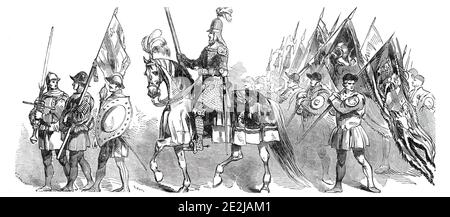 Lord Mayor's Show - der Mann in Brass, 1844. Prozession während der jährlichen öffentlichen Parade zur Feier der Einweihung des Oberbürgermeisters der Stadt London. Mitglieder der Worshipful Company of Armorers and Brasiers zeigen Waffen und Rüstungen. "Der Mann in Erz ist kein Mann in Rüstung überhaupt, wie der eherne Umschlag ist von keiner Zeit, und konnte nicht in Aktion getragen werden. Man sagt, er sei mit freundlicher Genehmigung in Schuppenrüstung gekleidet, aber die Schuppen sind mehr von der des Kohleners als von der Phantasie des Waffenschmiedes. Er ist jedoch ein sehr großer Kerl, und viel bewundert von den Menschen." Aus "Illustrated London News&quot Stockfoto