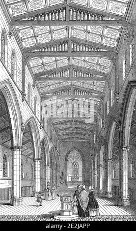 Innenraum der St. Mary's New Church, Herne Hill, 1844. Kirche in Süd-London: "Diese hoch-verschönerte Struktur (aus den Entwürfen der Herren Stevens und Alexander) &#xa0;wurde gerade abgeschlossen...die wichtigsten Passagen und der Chor sind mit encaustic Fliesen in verschiedenen Farben gepflastert...die gesamte Fliese und Porzellan Arbeit ist die Vergoldung von Herrn Garrett, Von der Firma von Copeland und Garrett, von Lincoln's-Inn-Fields.The Fliesenarbeit ist ein sehr feines Exemplar der Kunst, und ist das erste von der Art überhaupt durchgeführt...die gesamte Decke ist in Platten, durch geformte Balken und gotische Tracery geteilt. Nach t Stockfoto