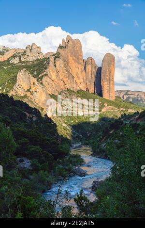 Los Mallos de Riglos mit dem Rio Gallego im Vordergrund. Provinz Huesca, Aragon, Spanien. Stockfoto