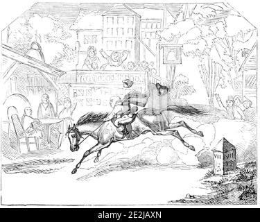 Szene aus "Harlequin and Johnny's Ride", bei Astley's, 1844. Londoner Bühnenproduktion im Astley's Royal Amphitheatre. 'Die Harlequinade bestand hier aus einer Version von "Johnny Gilpin's Ride; or, The Black Witch of Edmonton", mit einer Art nekromantischer Eröffnung, gefolgt von einigen komischen Szenen von durchschnittlichem Verdienst; Der Hauptvorfall war der gefeierte Citizen's Ride, die Rolle gefüllt von "The Popular Equidering, Mr. Wells"...die Wirkung der Pantomime wurde wahrscheinlich etwas vom ersten Stück des Abends erwartet - "The Royal Fox-Hunt", das ein Veritab ist Stockfoto