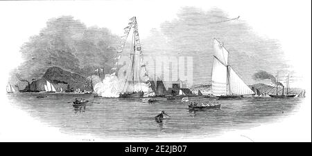 Weston-super-Mare Regatta, aus dem Meer - gezeichnet von Condy, 1845. Bootsrennen vor der Küste von Somerset. In der Mitte mit Signalfahnen bedeckt ist 'Ganymede' grüssend, und auf der rechten Seite in voller Segel ist 'Lilie von Devon'. '...der Wind war etwas untergegangen, das [Flaggschiff] Ganymede kam wieder in die Bucht, und dieselbe Flut brachte die Lilie von Devon, W. F. Moore, Esq., des R.W.Y C. [Royal Western Yacht Club], sie hatte, trotz aller Schwierigkeiten, den Punkt abgerundet'. Aus "Illustrated London News", 1845, Vol VII. Stockfoto