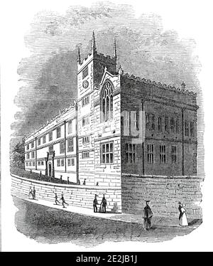 Gymnasium, Shrewsbury, 1845. Blick auf die Royal Free Grammar School in Shrewsbury, Shropshire, "...gegründet von König Edward VI., und wo, in der Zeit von Elizabeth, war erzogen die galante Sydney [Sir Philip Sidney], "das Wunder des Zeitalters". Auch in unserer eigenen Zeit hat sie sich unter der fähigen Leitung des verstorbenen Oberhauptes Dr. Butler einen hervorragenden Rang bewahrt. Die Schule befindet sich in der Nähe des Schlosses, und gebaut von Freestone im italienischen Tudor-Stil: Das Gebäude nimmt zwei Seiten eines Vierecks, mit einem quadratischen Turm mit Pinnacled im Winkel, teilweise im Jahr 1831 umgebaut. Von &quot Stockfoto